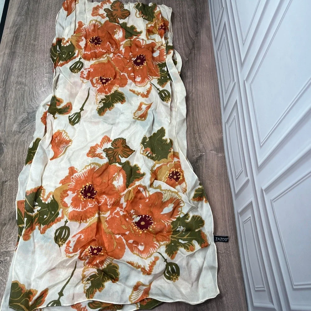 Zazou Floral Poppy Scarf Womens Orange Cream Sheer Rayon Rectangular Boho Wrap